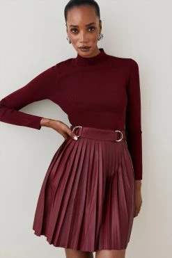 Karen Millen Knitted Skater Dress With Pu Mini Detailing -Karen Millen shop burgundy knitted skater dress with pu mini detailing 1