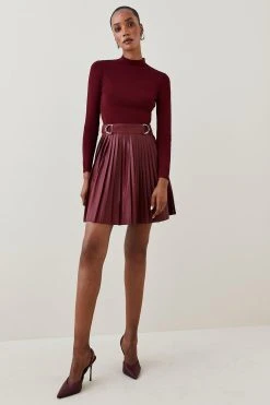 Karen Millen Knitted Skater Dress With Pu Mini Detailing -Karen Millen shop burgundy knitted skater dress with pu mini detailing 2
