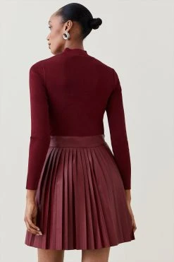 Karen Millen Knitted Skater Dress With Pu Mini Detailing -Karen Millen shop burgundy knitted skater dress with pu mini detailing 3
