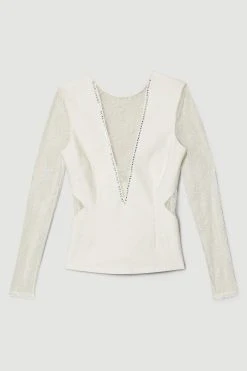 Karen Millen Lace Front Diamante Long Sleeve Top -Karen Millen shop burgundy lace front diamante long sleeve top 1