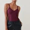 Karen Millen Metallic Bandage Knit And Mesh Corset Body -Karen Millen shop burgundy metallic bandage knit and mesh corset body