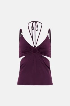 Karen Millen Petite Strap Detail Jersey Crepe Top -Karen Millen shop burgundy petite strap detail jersey crepe top 3