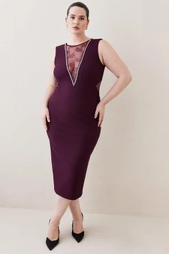 Karen Millen Plus Size Lace Front Diamante Jersey Midi Dress
