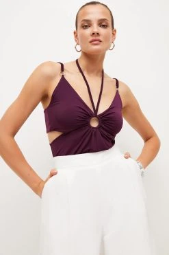 Karen Millen Strap Detail Jersey Crepe Top -Karen Millen shop burgundy strap detail jersey crepe top 3