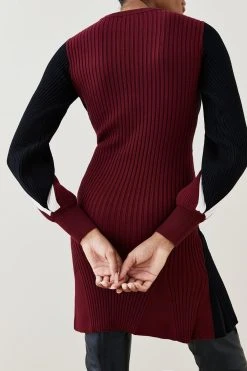 Karen Millen Viscose Blend Contoured Zip Detail Colour Block Knit Mini Dress