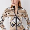 Karen Millen Abstract Jacquard Zip Through Long Sleeve Knit Jumper -Karen Millen shop camel abstract jacquard zip through long sleeve knit jumper