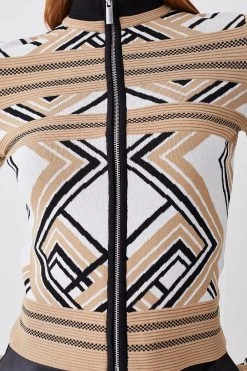 Karen Millen Abstract Jacquard Zip Through Long Sleeve Knit Jumper -Karen Millen shop camel abstract jacquard zip through long sleeve knit jumper 2