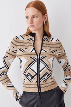 Karen Millen Abstract Jacquard Zip Through Long Sleeve Knit Jumper