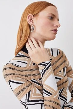 Karen Millen Abstract Jacquard Zip Through Long Sleeve Knit Jumper -Karen Millen shop camel abstract jacquard zip through long sleeve knit jumper 3