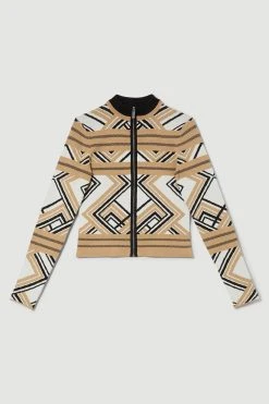 Karen Millen Abstract Jacquard Zip Through Long Sleeve Knit Jumper -Karen Millen shop camel abstract jacquard zip through long sleeve knit jumper 4