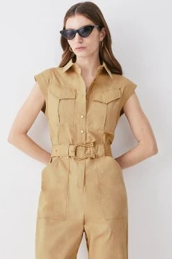 Karen Millen Batik Print Cotton Sateen Utility Jumpsuit -Karen Millen shop camel batik print cotton sateen utility jumpsuit 2