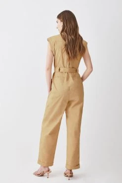 Karen Millen Batik Print Cotton Sateen Utility Jumpsuit -Karen Millen shop camel batik print cotton sateen utility jumpsuit 3