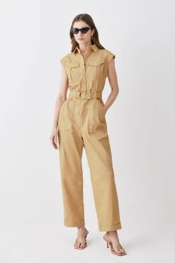 Karen Millen Batik Print Cotton Sateen Utility Jumpsuit -Karen Millen shop camel batik print cotton sateen utility jumpsuit 4