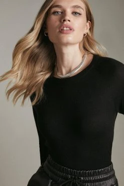 Karen Millen Cashmere Blend Crew Neck Trim Jumper -Karen Millen shop camel cashmere blend crew neck trim jumper 2