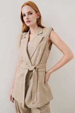 Karen Millen Check Sleeveless Tailored Jacket -Karen Millen shop camel check sleeveless tailored jacket 1