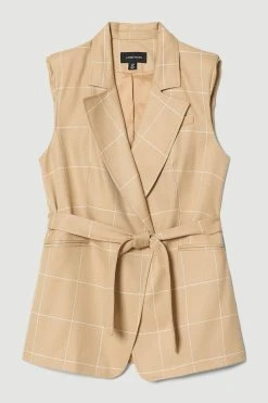 Karen Millen Check Sleeveless Tailored Jacket -Karen Millen shop camel check sleeveless tailored jacket 3