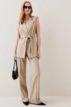 Karen Millen Check Sleeveless Tailored Jacket -Karen Millen shop camel check sleeveless tailored jacket 4