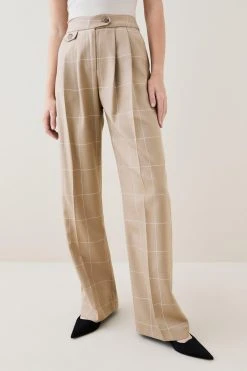 Karen Millen Check Wide Leg Pocket Detail Trouser -Karen Millen shop camel check wide leg pocket detail trouser 1 1