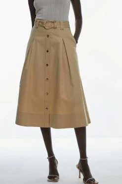 Karen Millen Cotton Sateen Midi Belted Skirt