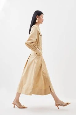 Karen Millen Cotton Sateen Midi Shirt Dress -Karen Millen shop camel cotton sateen midi shirt dress 1