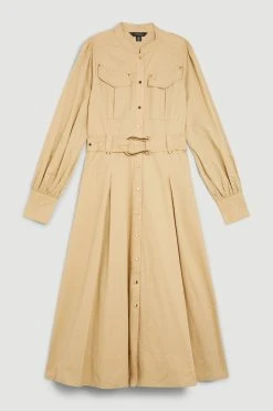 Karen Millen Cotton Sateen Midi Shirt Dress -Karen Millen shop camel cotton sateen midi shirt dress 2