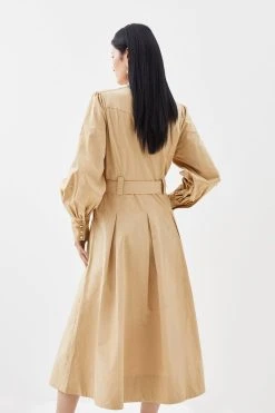 Karen Millen Cotton Sateen Midi Shirt Dress -Karen Millen shop camel cotton sateen midi shirt dress 3