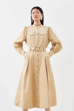 Karen Millen Cotton Sateen Midi Shirt Dress -Karen Millen shop camel cotton sateen midi shirt dress 4