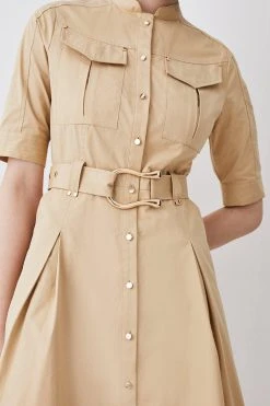 Karen Millen Cotton Sateen Short Sleeve Midi Shirt Dress -Karen Millen shop camel cotton sateen short sleeve midi shirt dress 2