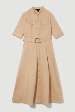 Karen Millen Cotton Sateen Short Sleeve Midi Shirt Dress -Karen Millen shop camel cotton sateen short sleeve midi shirt dress 3