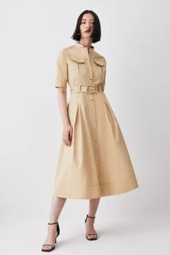 Karen Millen Cotton Sateen Short Sleeve Midi Shirt Dress -Karen Millen shop camel cotton sateen short sleeve midi shirt dress 4