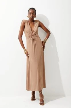 Karen Millen Drapey Crepe Hardware Detail Jersey Midaxi Dress -Karen Millen shop camel drapey crepe hardware detail jersey midaxi dress 4