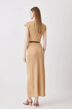 Karen Millen Envelope Neck Lightweight Summer Knit Midi Dress -Karen Millen shop camel envelope neck lightweight summer knit midi dress 2