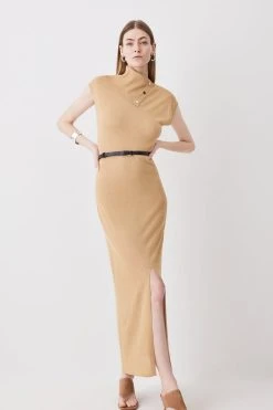 Karen Millen Envelope Neck Lightweight Summer Knit Midi Dress -Karen Millen shop camel envelope neck lightweight summer knit midi dress 3