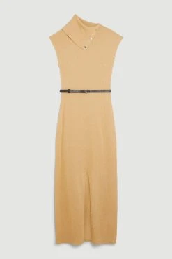 Karen Millen Envelope Neck Lightweight Summer Knit Midi Dress -Karen Millen shop camel envelope neck lightweight summer knit midi dress 4