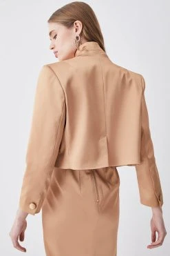 Karen Millen Italian Structured Satin Notch Neck Tailored Jacket -Karen Millen shop camel italian structured satin notch neck tailored jacket 1 3