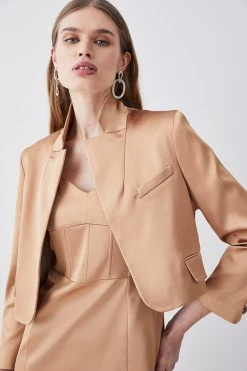 Karen Millen Italian Structured Satin Notch Neck Tailored Jacket -Karen Millen shop camel italian structured satin notch neck tailored jacket 1 4
