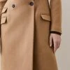 Karen Millen Italian Virgin Wool Faux Leather Contrast Double Breasted Coat -Karen Millen shop camel italian virgin wool faux leather contrast double breasted coat