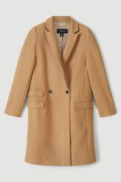 Karen Millen Italian Virgin Wool Faux Leather Contrast Double Breasted Coat -Karen Millen shop camel italian virgin wool faux leather contrast double breasted coat 1 1