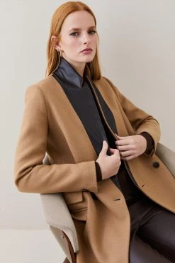 Karen Millen Italian Virgin Wool Faux Leather Contrast Double Breasted Coat -Karen Millen shop camel italian virgin wool faux leather contrast double breasted coat 1 3