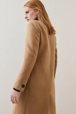 Karen Millen Italian Virgin Wool Faux Leather Contrast Double Breasted Coat -Karen Millen shop camel italian virgin wool faux leather contrast double breasted coat 1 4