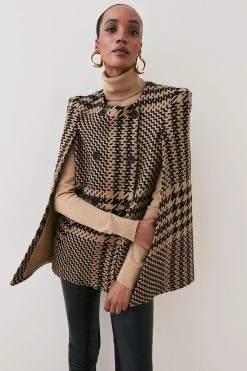 Karen Millen Italian Wool Blend Check Cape Coat -Karen Millen shop camel italian wool blend check cape coat 1 3