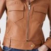 Karen Millen Leather Pocket Detail Belted Biker Jacket -Karen Millen shop camel leather pocket detail belted biker jacket