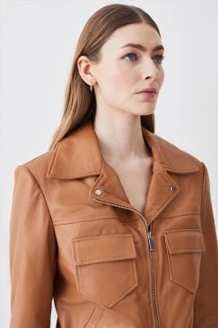 Karen Millen Leather Pocket Detail Belted Biker Jacket -Karen Millen shop camel leather pocket detail belted biker jacket 3