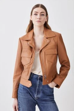 Karen Millen Leather Pocket Detail Belted Biker Jacket -Karen Millen shop camel leather pocket detail belted biker jacket 4