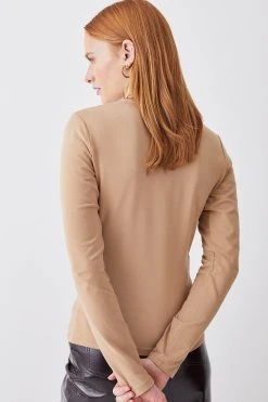 Karen Millen Long Sleeve Cotton Crew Neck T-shirt -Karen Millen shop camel long sleeve cotton crew neck t shirt 1