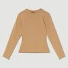 Karen Millen Long Sleeve Cotton Crew Neck T-shirt -Karen Millen shop camel long sleeve cotton crew neck t shirt
