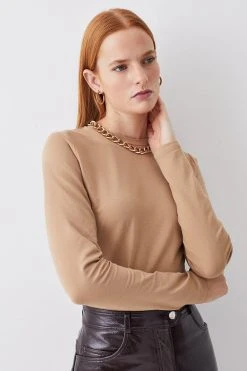 Karen Millen Long Sleeve Cotton Crew Neck T-shirt -Karen Millen shop camel long sleeve cotton crew neck t shirt 3