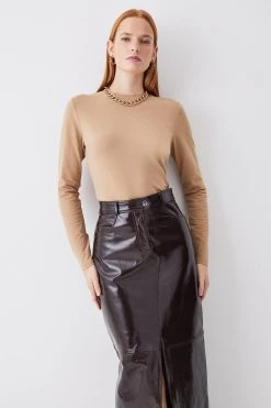 Karen Millen Long Sleeve Cotton Crew Neck T-shirt -Karen Millen shop camel long sleeve cotton crew neck t shirt 4