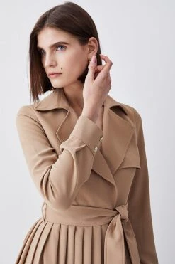 Karen Millen Long Sleeve Woven Pleated Midi Trench Dress -Karen Millen shop camel long sleeve woven pleated midi trench dress 3