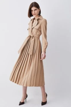Karen Millen Long Sleeve Woven Pleated Midi Trench Dress -Karen Millen shop camel long sleeve woven pleated midi trench dress 4